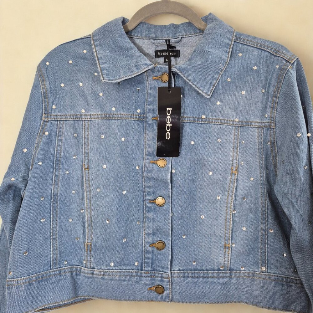 Bebe Women Button Denim Jacket Rhinestones Cotton Blend Blue Light Wash Sz L NWT